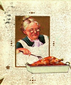 Old Woman Granny Cooking Turkey Thanksgiving Blessings Embossed 1910s Postcard