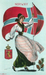 Postcard C-1905 Norway patriotic woman flag crest undivided 23-11159