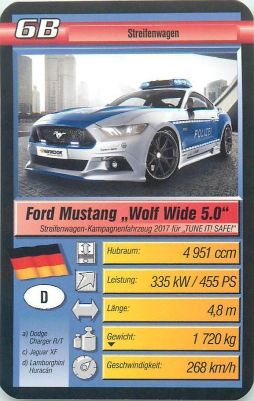 Super Trumpf 6x9cm mechanic tradecard police car 6B Ford Mustang Wolf Wide Ger