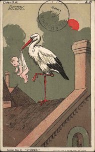 Fertility Fantasy Stork With Baby on Rooftop Pre-1910 Vintage Postcard