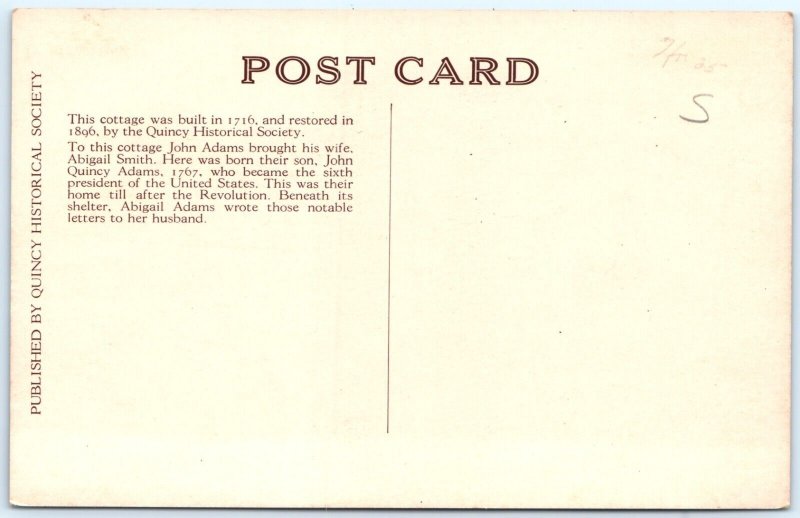 c1940s Quincy, MA 1716 Cottage John Adams Historical Society Postcard Mass A117