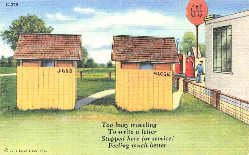 CURTEICH-CHICAGO JIGGS And MAGGIE Out Houses, Gas Station Postcard