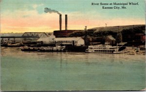 Postcard MO Kansas City River Scene at Municipal Wharf Paddle Steamer 1914 S80