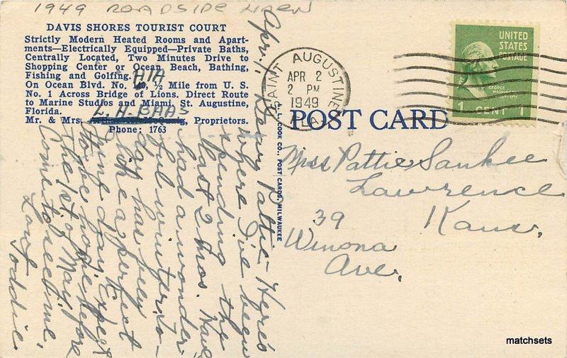 1949 Davis Shores Tourist Court St Augustine Florida Cook linen postcard 6293