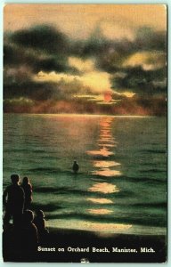 Sunset on Orchard Beach Manistee Michigan MI DB Postcard F14