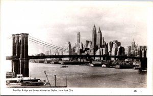 USA New York City Brooklyn Bridge Lower Manhattan Skyline Vintage RPPC C024