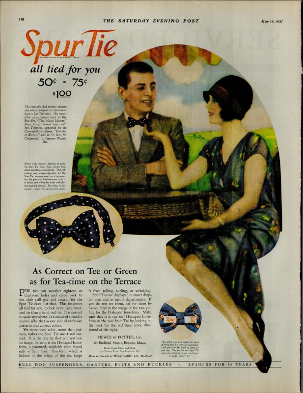 1927 Spur Tie All Tied For You Man Wearing Bow Tie Vintage Print Ad 3895