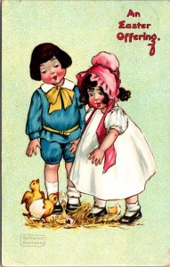 Katharine Gassaway Easter Postcard Boy and Girl with Chicks Hatching From Eggs