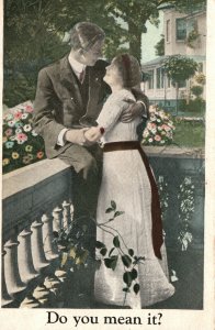 Vintage Postcard Lovers Couple Hugging Cuddling At The Balcony Romance