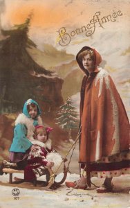 Lot268 bonne anne france new year woman and children greetings
