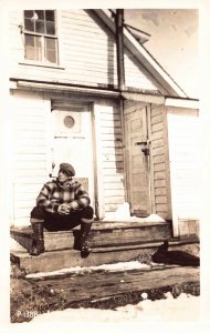 Real Photo Postcard A Sourdough, Man Outside Building in Unalaska, Alaska~129022