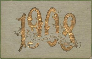 New Year 1908 Gilt Embossed Rotograph Vintage Postcard 