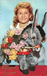 Greeting  BONNE ANNEE  Pretty Little Girl~Blonde Curls & Stuffed Donkey Postcard