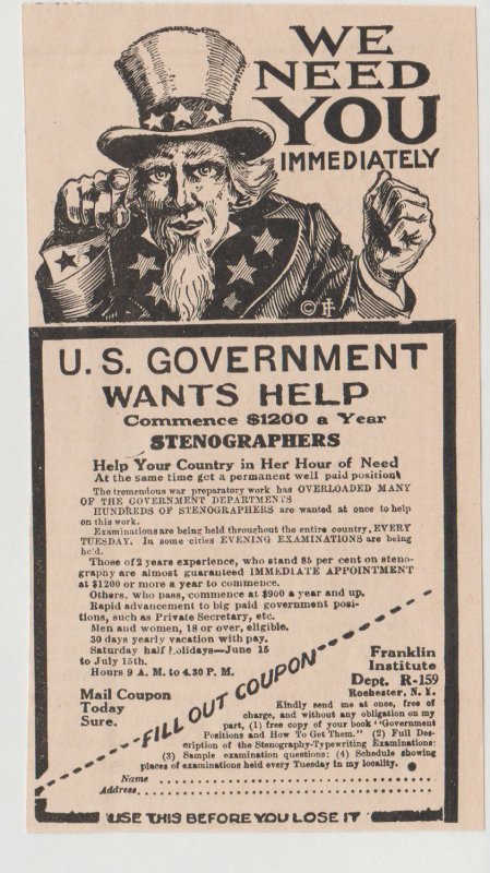 Uncle Sam Calling for Stenographers, Franklin Institute 1918 Ad Rochester NY