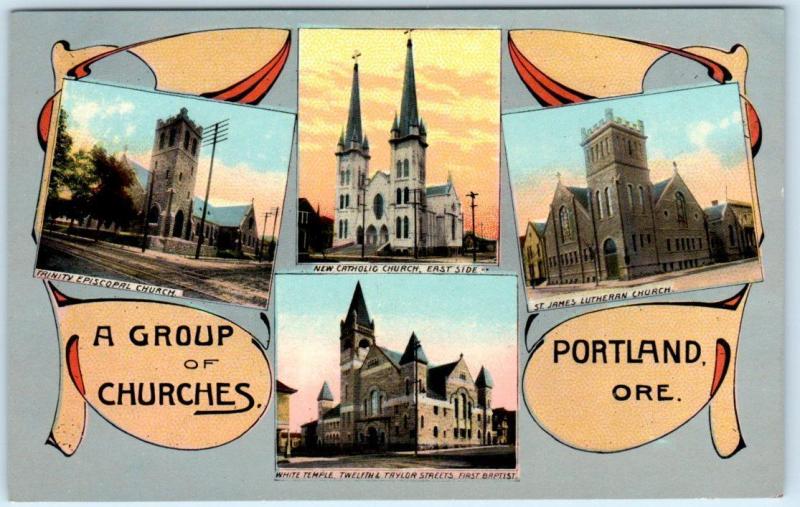 PORTLAND, Oregon  OR   Multi View  GROUP OF CHURCHES  ca 1910s   Postcard