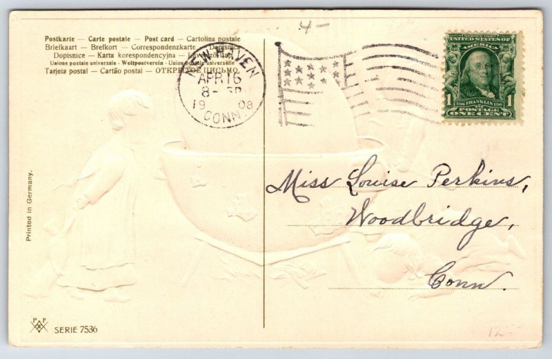 PFB Easter~Toddler Children Start Fire Under Big Egg~Doll~Green Back~Emb~1908