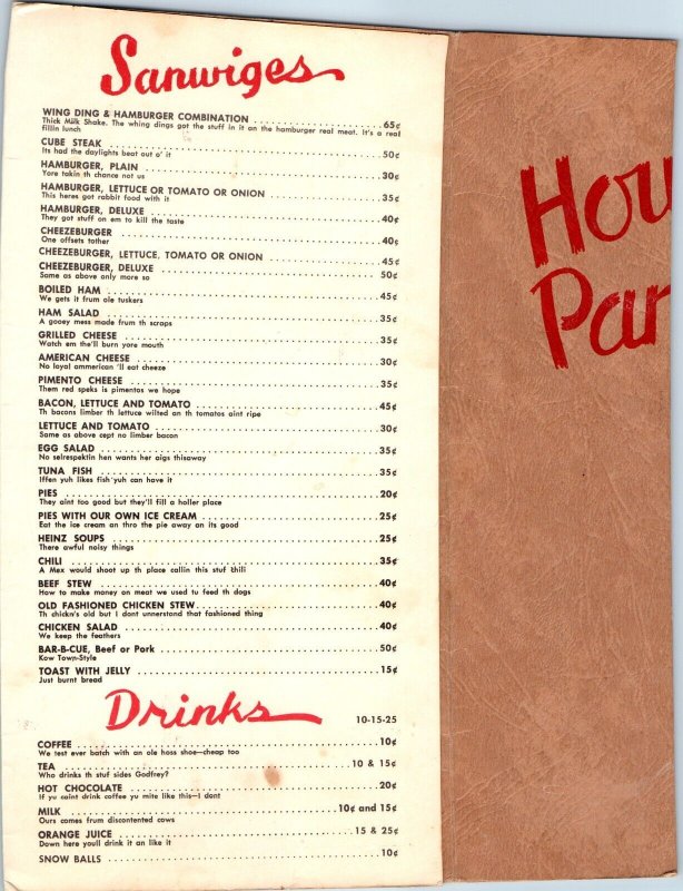 c1950s Kissimmee, FL Howdy Pardner Restaurant Menu Hunt Bros Southern Dialect 3L