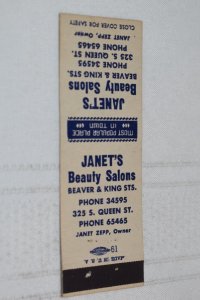 Janet's Beauty Salons Beaver & King Sts. Advertising 20 Strike Matchbook Cover