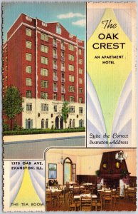 Evanston Illinois, 1943 Oak Crest, Apartment Hotel, Restaurant, Vintage Postcard