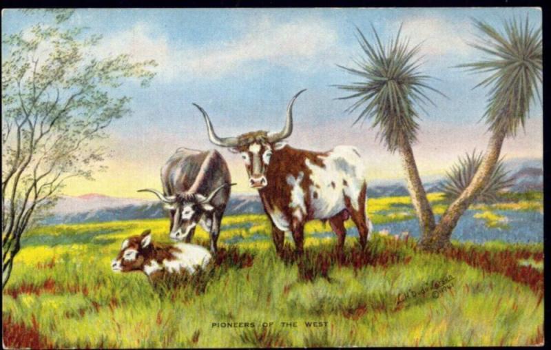 artist signed DUDE LARSEN, Pioneers of the West, Cows (1940s)