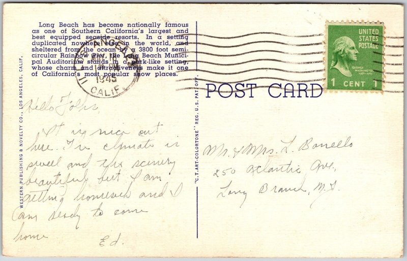 1945 Ocean Blvd. Auditorium & Rainbow Pier Long Beach California Posted Postcard