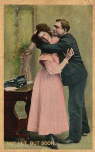 Vintage Postcard 1910's Not Yet But Soon Man Trying To Kiss a Beautiful Woman