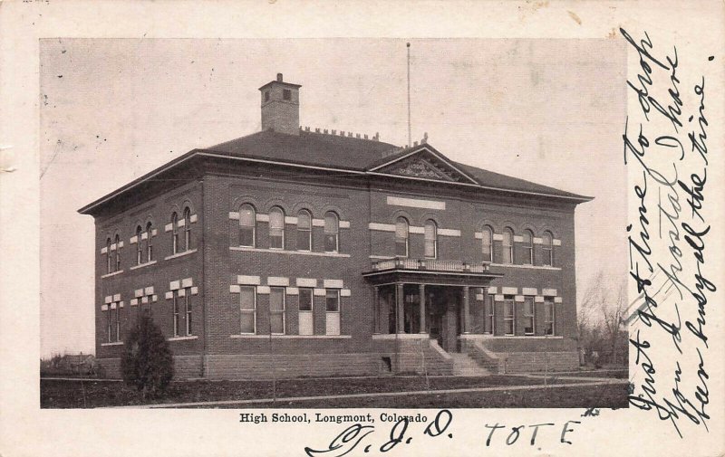 High School, Longmont, Colorado, Early Postcard, Used in 1906