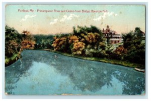 c1909 Presumpscot River, and Casino from Bridge, Portland Maine ME Postcard  