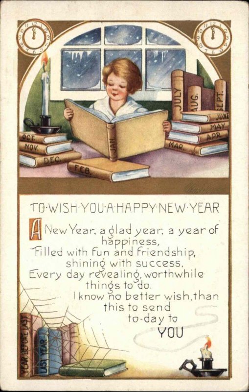 Whitney New Year Little Boy Reading Memory Books Vintage Postcard