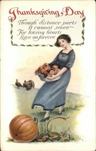 Thanksgiving Pretty Woman Gathers Harvest Apples Pumpkin c1910 Vintage Postcard