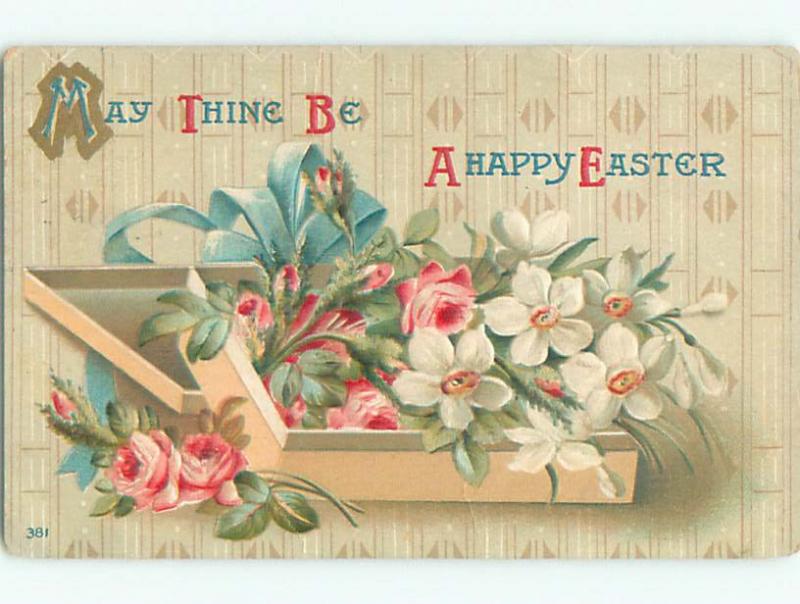 Pre-Linen easter BEAUTIFUL BOX OF FLOWERS WITH RIBBON k3095