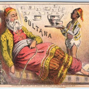 1882 Sultana Coffee Trade Card Arab Man Smokes Hookah Great Atlantic Pacific C35