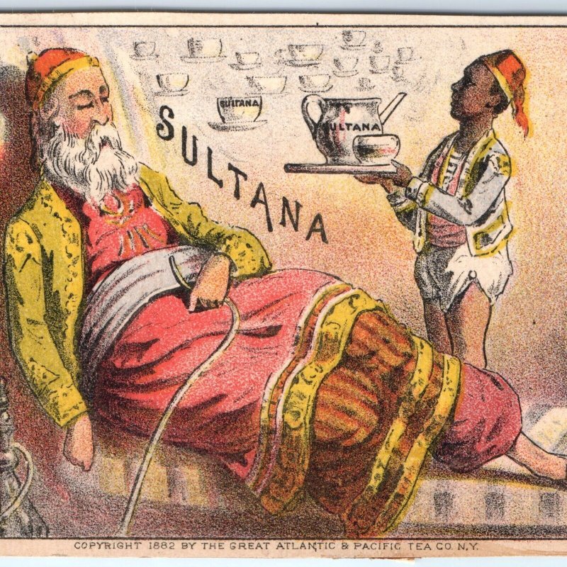 1882 Sultana Coffee Trade Card Arab Man Smokes Hookah Great Atlantic Pacific C35