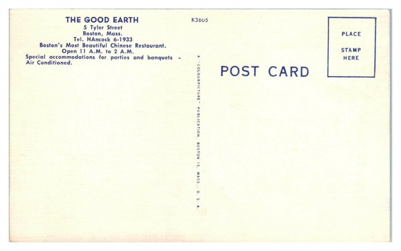 The Good Earth Chinese Restaurant, Boston, MA Postcard *6V(2)12