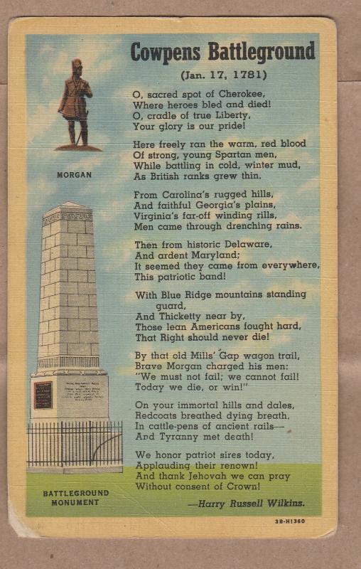 Cowpens Battleground Monument Vtg Postcard Poem Statue