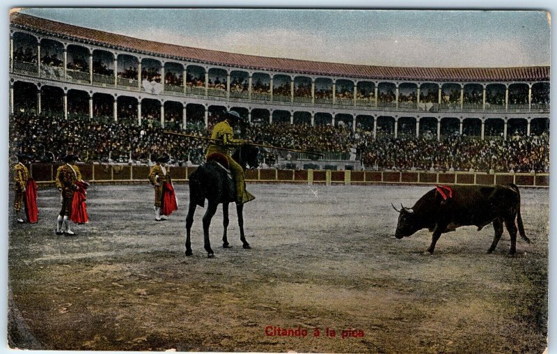 c1910s Spain Bullfighting Arena Gel PC Citando Vida Matador Bull Crowd Rare A338