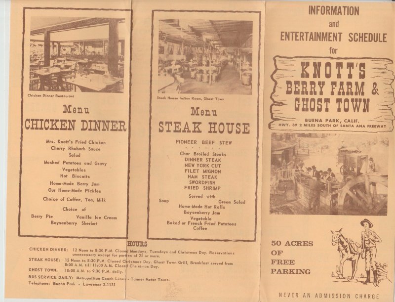 Vintage Knotts Berry Farm Info & Ent. Schedule Fold-Out 50 Acres of Parking