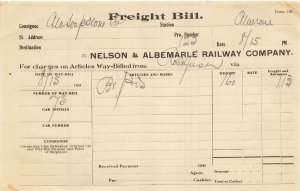 NELSON AND ALBEMARLE RAILWAY COMPANY VIRGINIA-FREIGHT BILL~1900s BILLHEAD