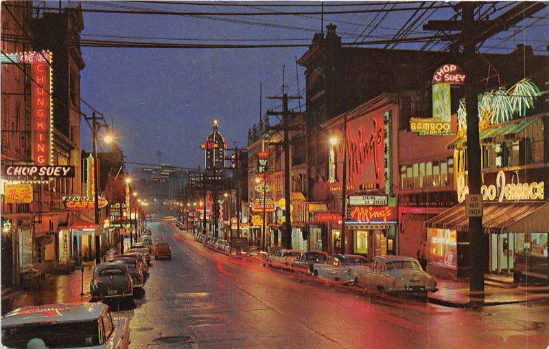 Lot158  chinatown at night vancouver b c canada car bamboo chop suey china