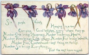 Postcard - Six Purple Violets Hanging in a Row Art Print & Poem