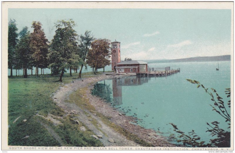 South Shore view of the New Pier and Miller Bell Tower,Chautaqua Institution,...