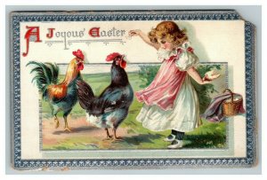 Vintage 1910's Tuck's Easter Postcard Cute Girl Feeds Hen & Rooster Bread Crumbs