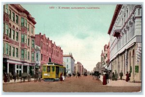 c1910's K Street Trolley Cars Buildings Sacramento California CA Postcard