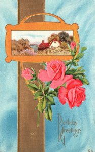 Vintage Postcard 1913 A Happy Birthday Greetings Card Pink Roses Flowers Nature