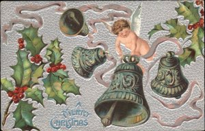 Christmas Angels Bells Holly Embossed c1900s-10s Postcard