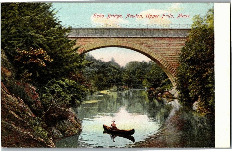 Canoeing Under Echo Bridge, Newton, Upper Falls MA Vintage Postcard I29 