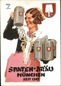 Beer Wench Waitress Spaten-Brau Munchen Germany c1920s-40s Postcard