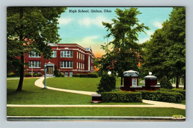 Galion OHOhio, High School Building, Entrance, Walkway, Linen Postcard