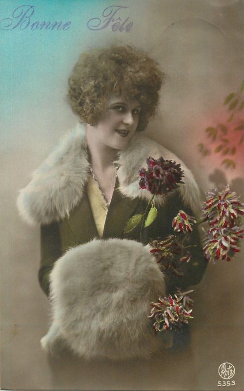 Elegant lady fancy coiffure fur clothing piece Postcard greeting Happy  Birthday