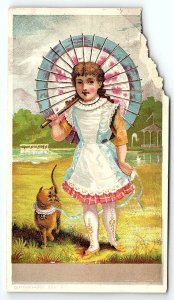 c1880 GIRL WITH ORIENTAL PARASOL KITTEN CAT ON LEASH VICTORIAN TRADE CARD P1732